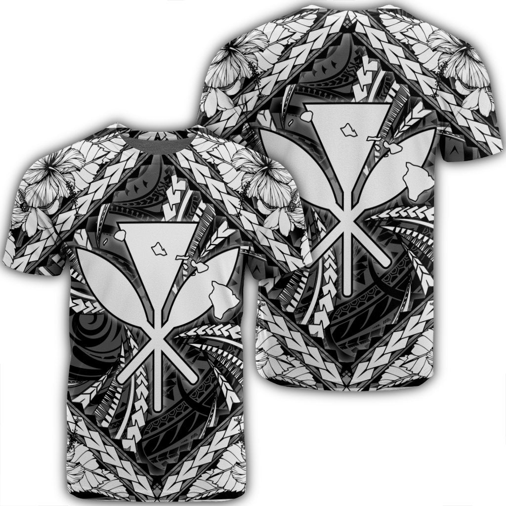 Hawaiian Map Kanaka Hibiscus White Polynesian T Shirt Unisex Black - Polynesian Pride