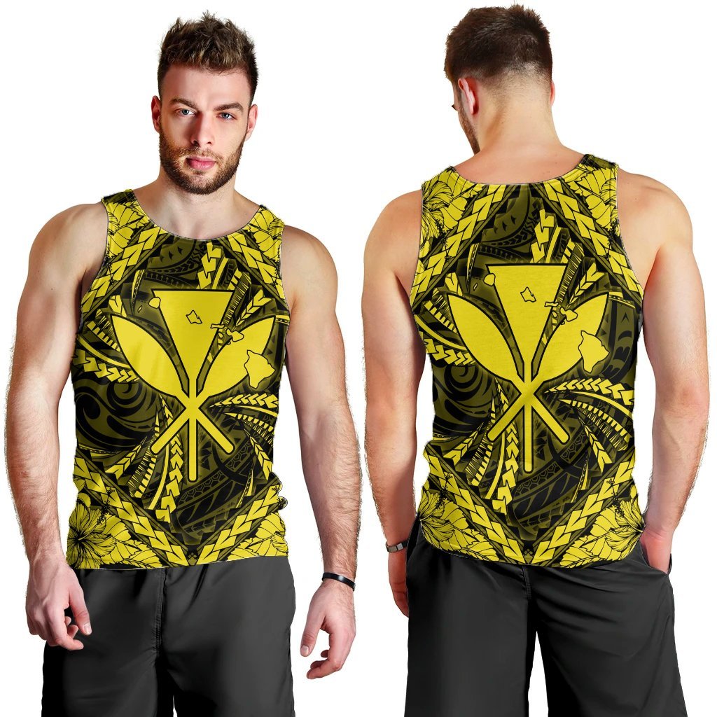 Hawaiian Map Kanaka Hibiscus Yellow Polynesian Tank Top - AH - Polynesian Pride