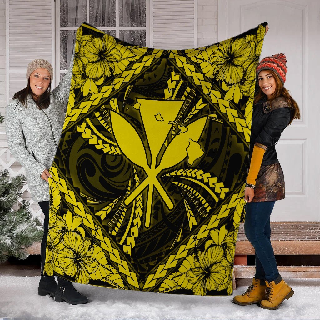 Hawaiian Map Kanaka Hibiscus Yellow Polynesian Premium Blankets - AH - Polynesian Pride