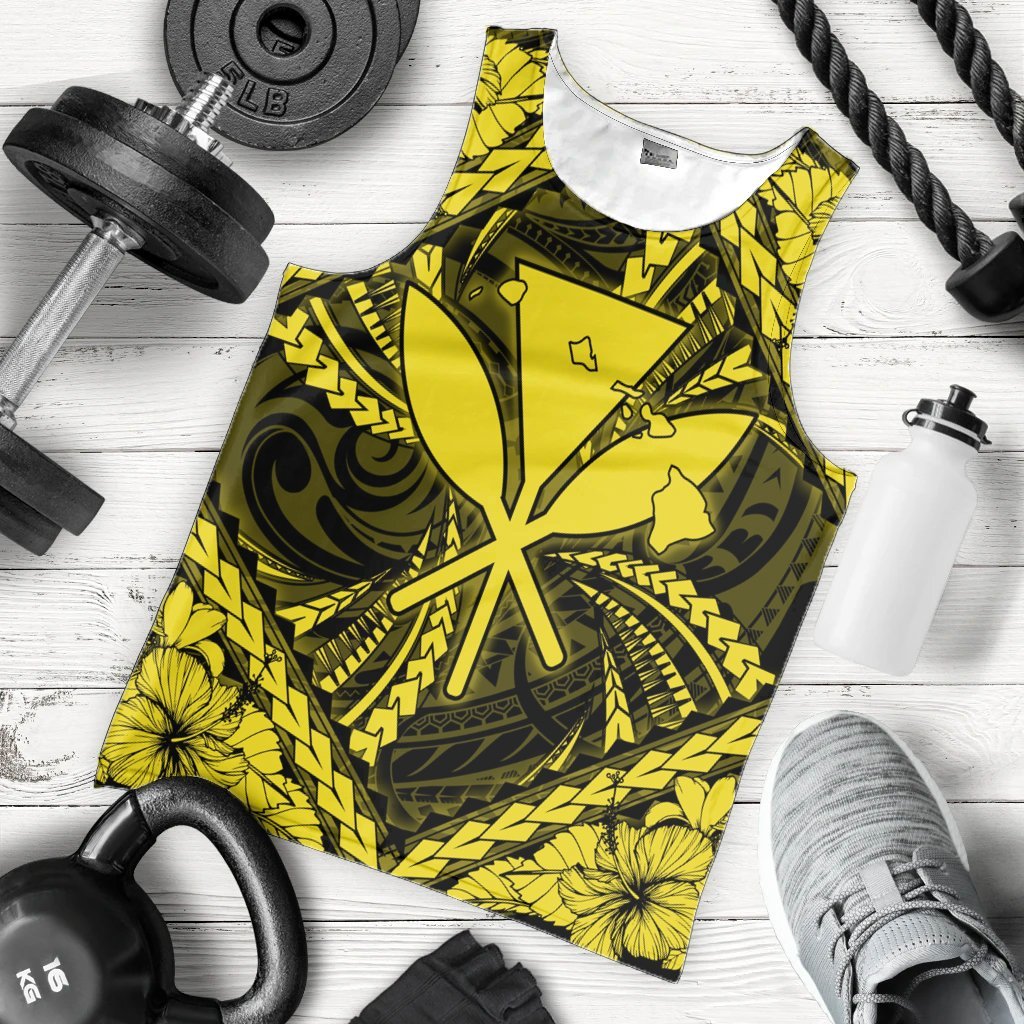 Hawaiian Map Kanaka Hibiscus Yellow Polynesian Tank Top - AH - Polynesian Pride