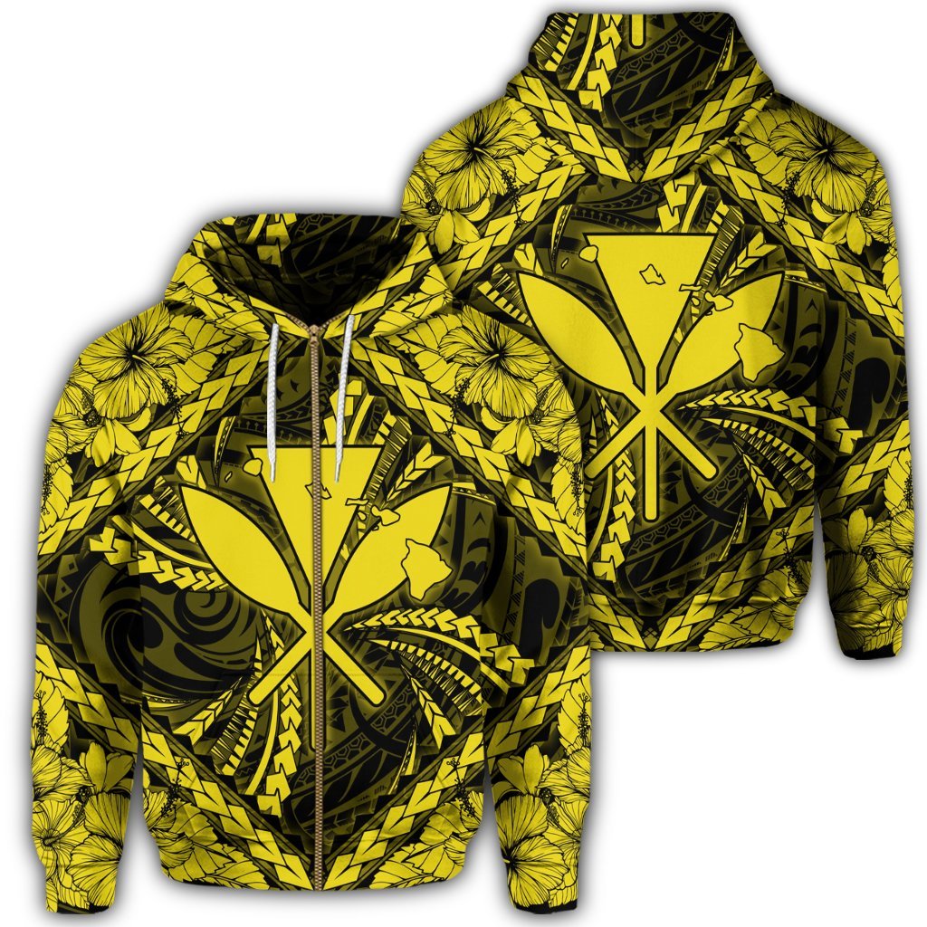 Hawaiian Map Kanaka Hibiscus Yellow Polynesian Zip Hoodie Unisex Art - Polynesian Pride