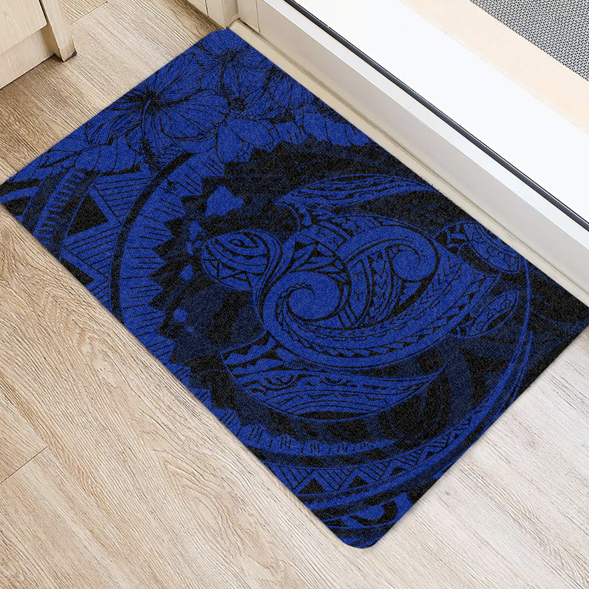 Hawaiian Map Kanaka Honu Hibiscus Globular Polynesian Door Mat Blue AH - Polynesian Pride