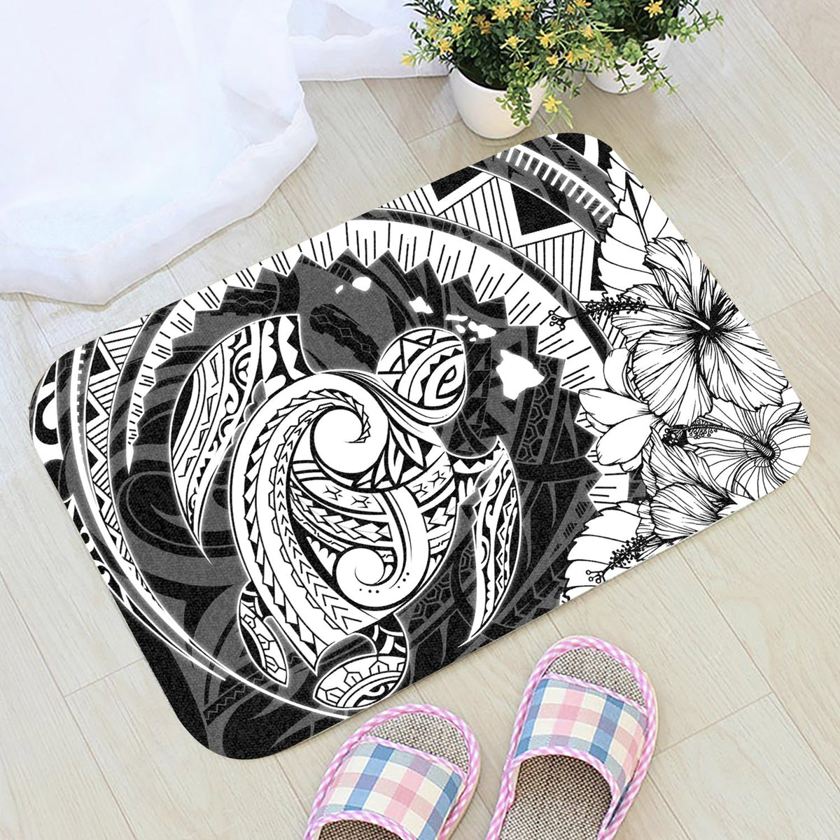 Hawaiian Map Kanaka Honu Hibiscus Globular Polynesian Door Mat White AH - Polynesian Pride