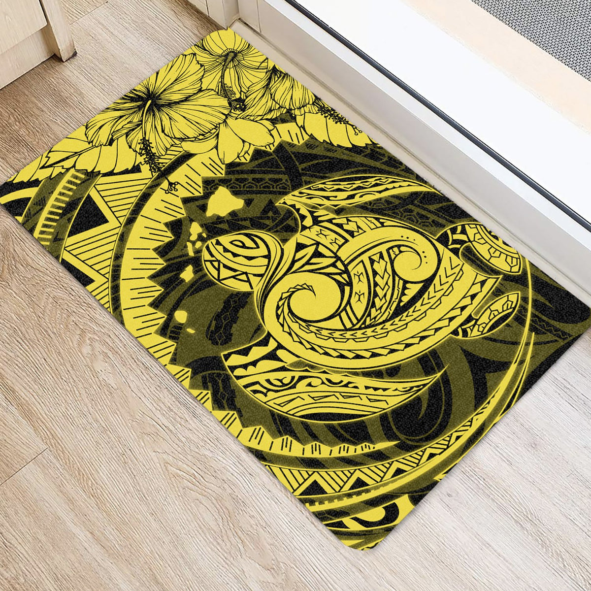 Hawaiian Map Kanaka Honu Hibiscus Globular Polynesian Door Mat Yellow AH - Polynesian Pride