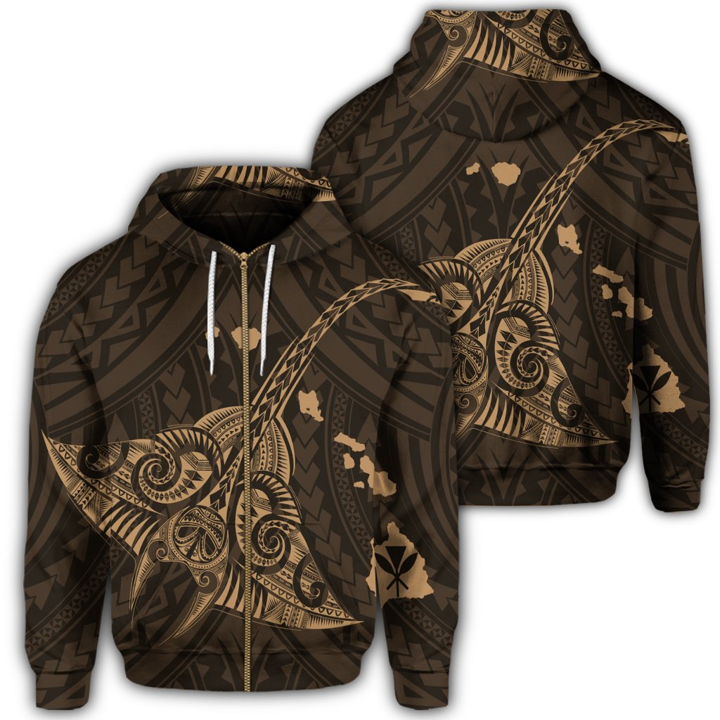 Hawaiian Map Kanaka Manta Ray Polynesian Zip Hoodie Gold Unisex Art - Polynesian Pride