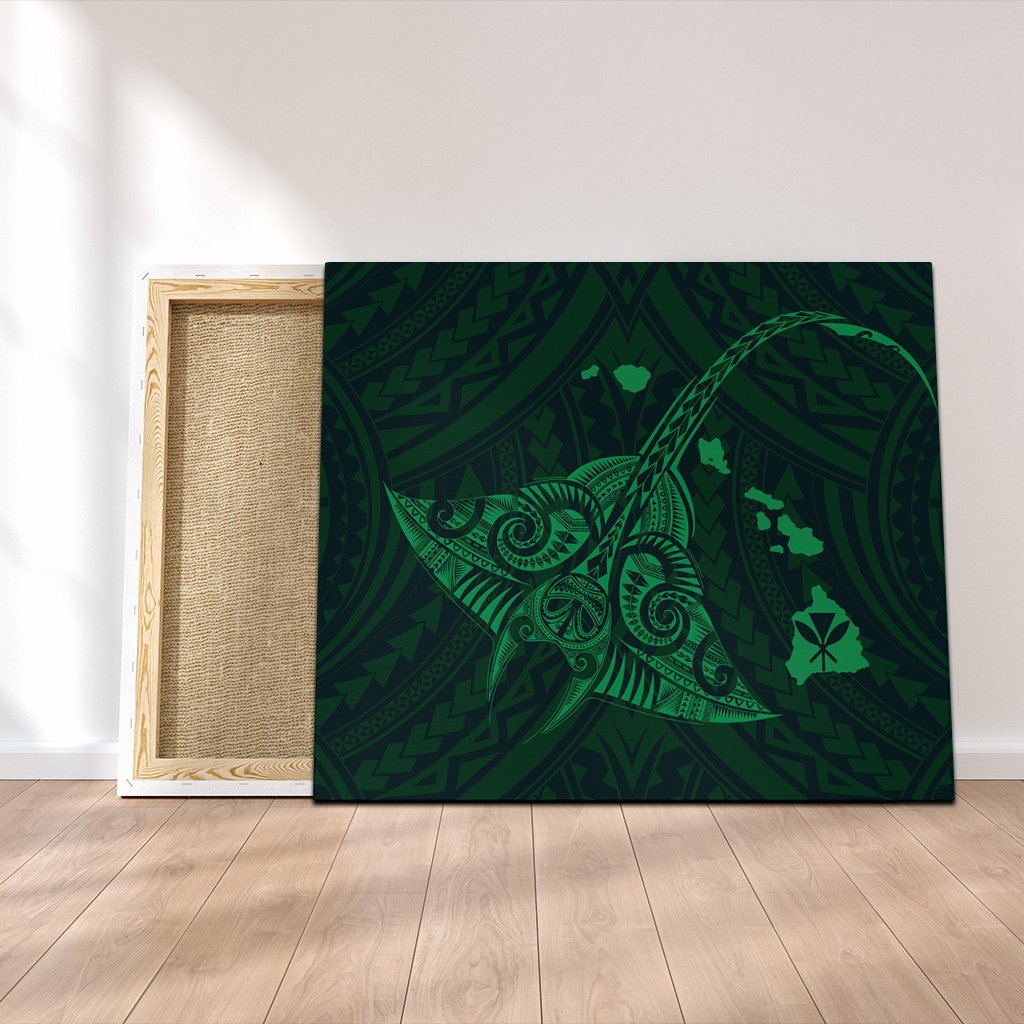 Hawaiian Map Kanaka Manta Ray Polynesian Canvas Green - AH Canvas Poly-cotton - Polynesian Pride