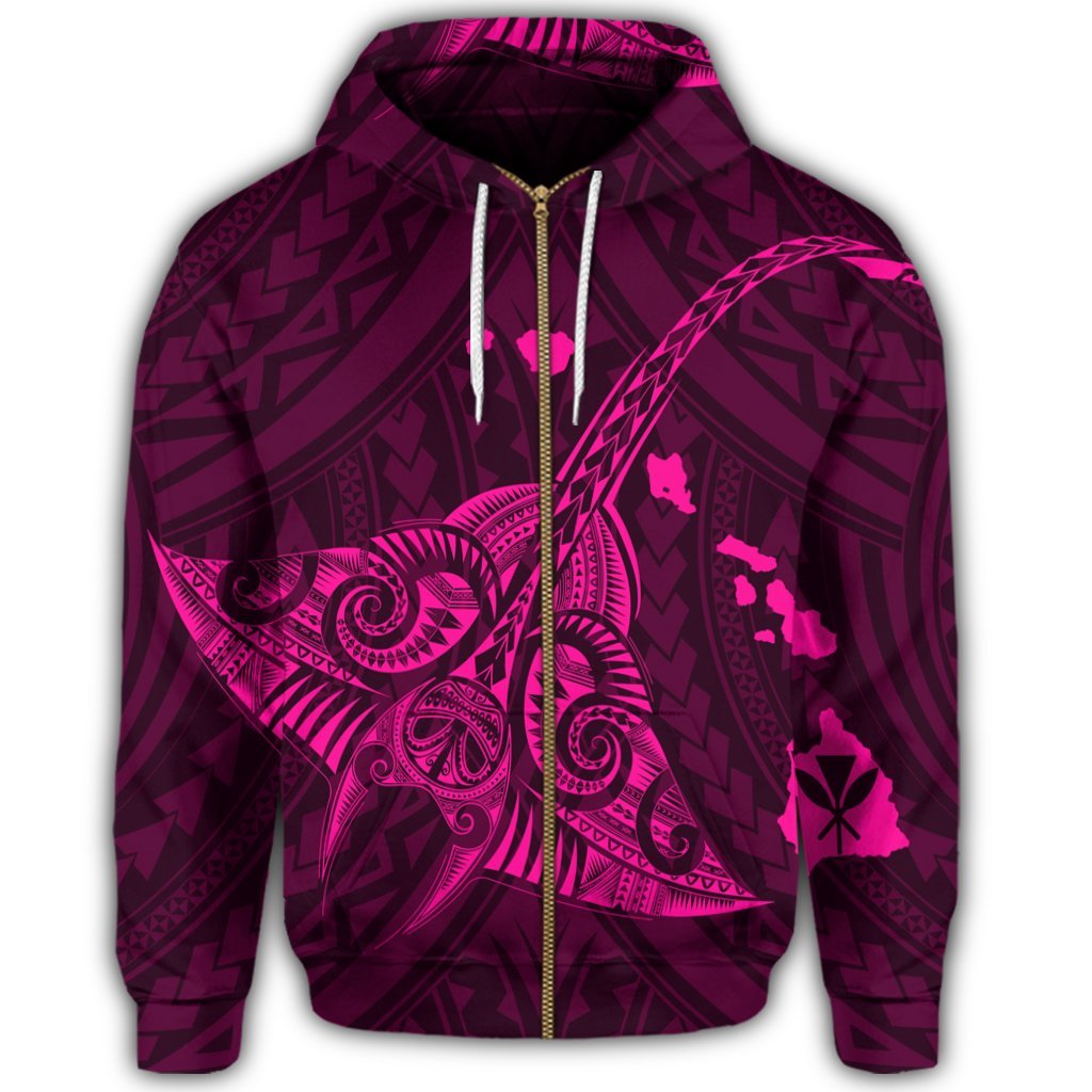Hawaiian Map Kanaka Manta Ray Polynesian Zip Hoodie Pink - Polynesian Pride