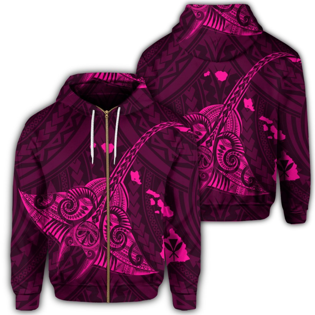 Hawaiian Map Kanaka Manta Ray Polynesian Zip Hoodie Pink Unisex Art - Polynesian Pride