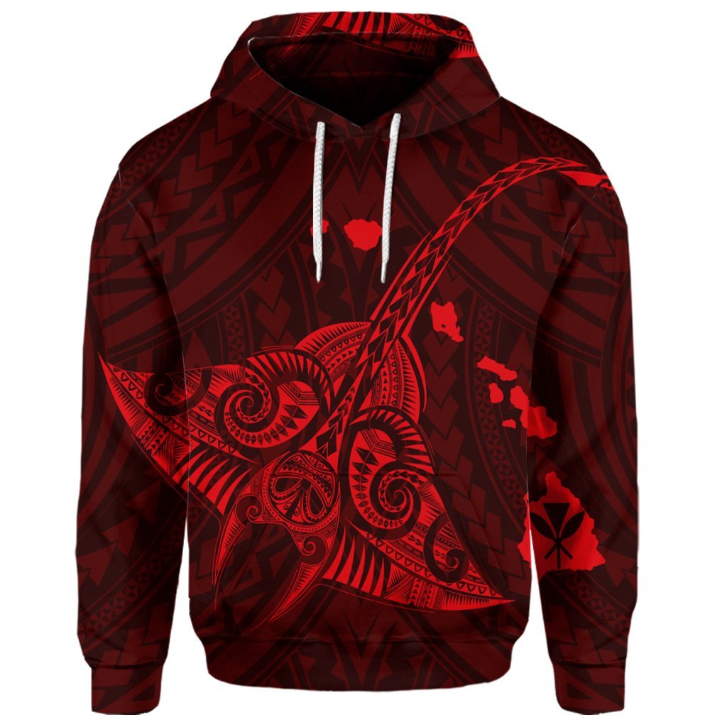 Custom Hawaiian Map Kanaka Manta Ray Polynesian Hoodie Red - Polynesian Pride