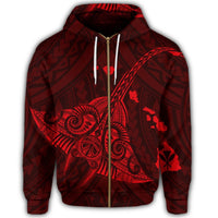 Hawaiian Map Kanaka Manta Ray Polynesian Zip Hoodie Red - Polynesian Pride