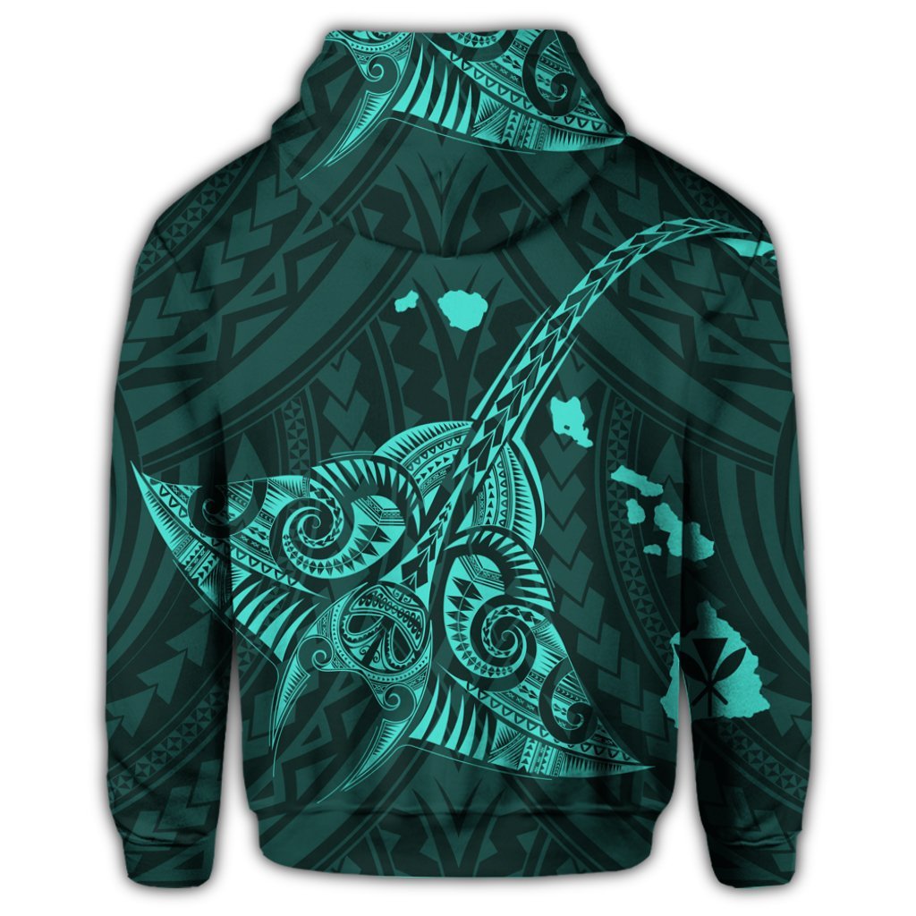 Hawaiian Map Kanaka Manta Ray Polynesian Zip Hoodie Turquoise - Polynesian Pride