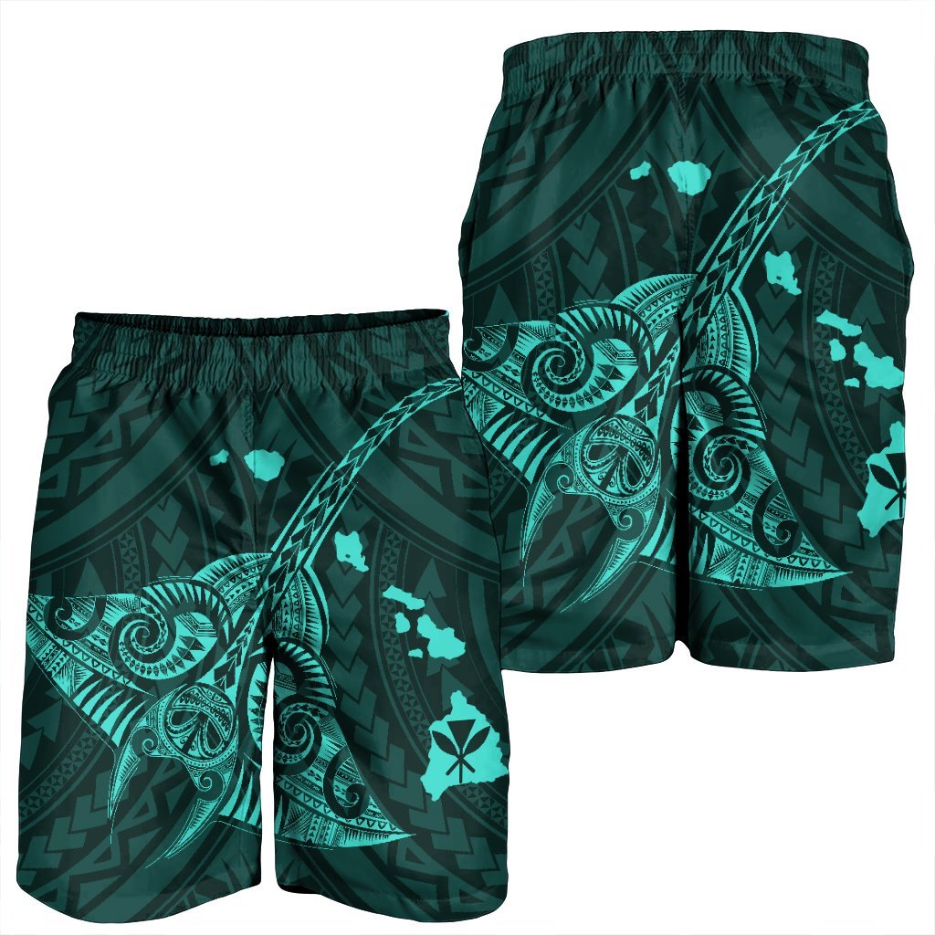 Hawaiian Map Kanaka Manta Ray Polynesian Men's Shorts Turquoise - AH - Polynesian Pride