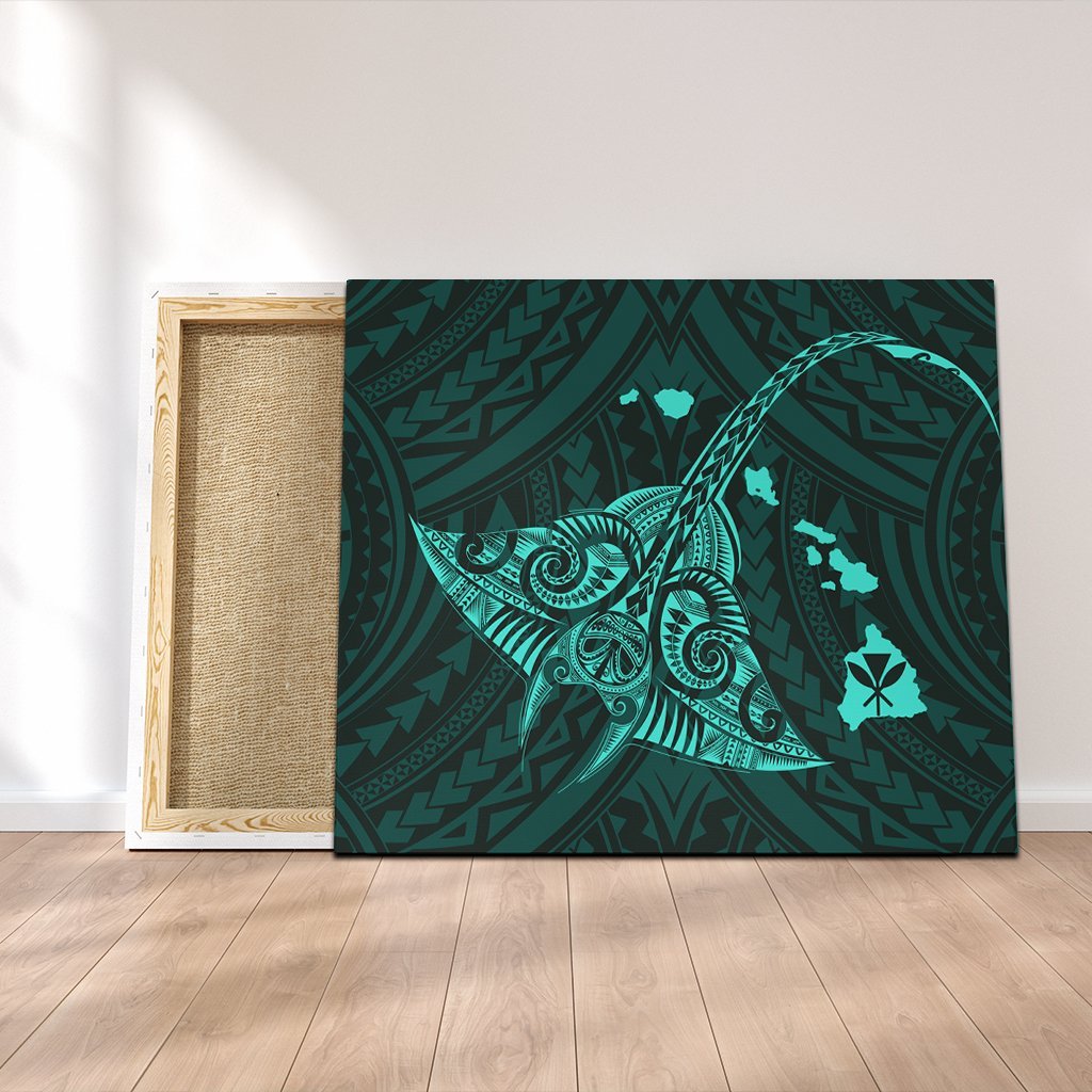 Hawaiian Map Kanaka Manta Ray Polynesian Canvas Turquoise - AH Canvas Poly-cotton - Polynesian Pride