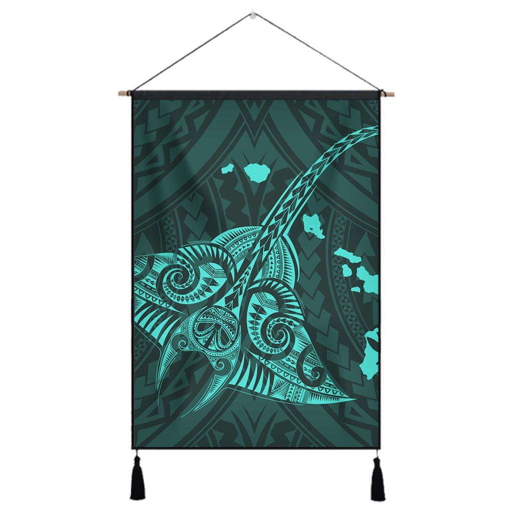 Hawaiian Map Kanaka Manta Ray Polynesian Hanging Poster Turquoise - AH Hanging Poster Cotton And Linen - Polynesian Pride