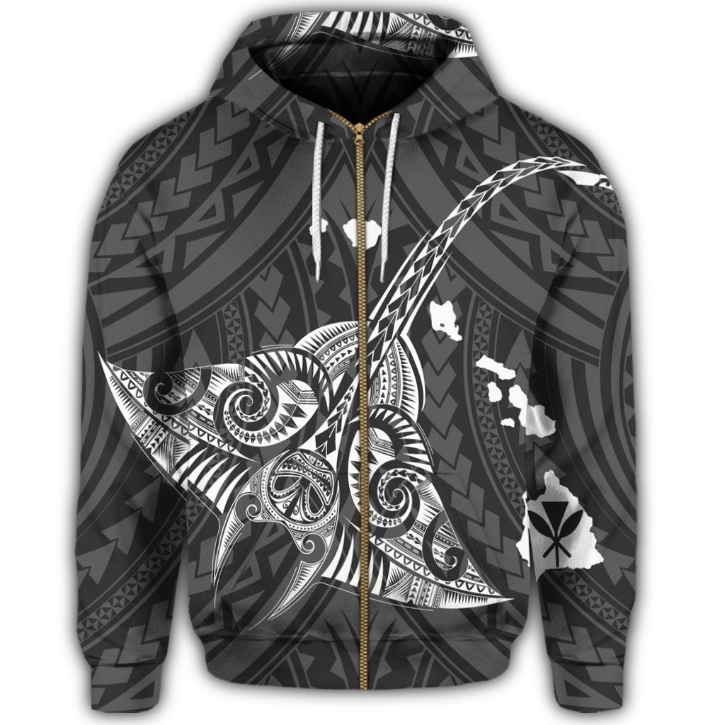 Hawaiian Map Kanaka Manta Ray Polynesian Zip Hoodie White - Polynesian Pride