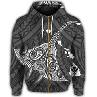 Hawaiian Map Kanaka Manta Ray Polynesian Zip Hoodie White - Polynesian Pride