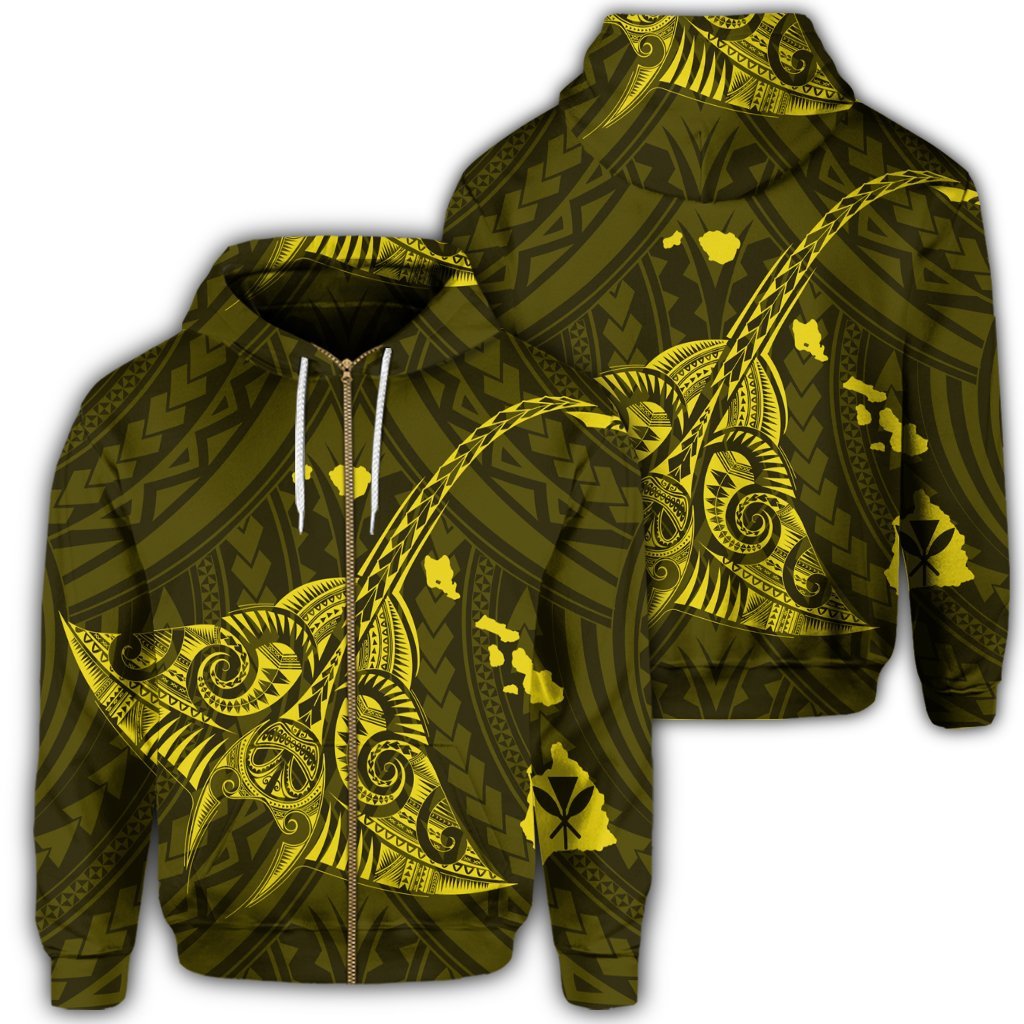 Hawaiian Map Kanaka Manta Ray Polynesian Zip Hoodie Yellow Unisex Art - Polynesian Pride