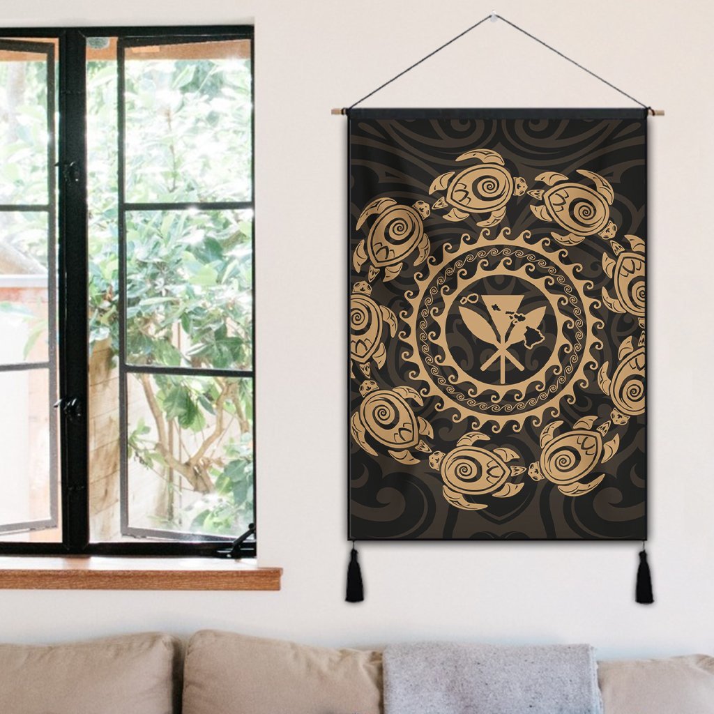 Hawaiian Map Kanaka Turtles Circle Style Gold Polynesian Hanging Poster - AH - Polynesian Pride