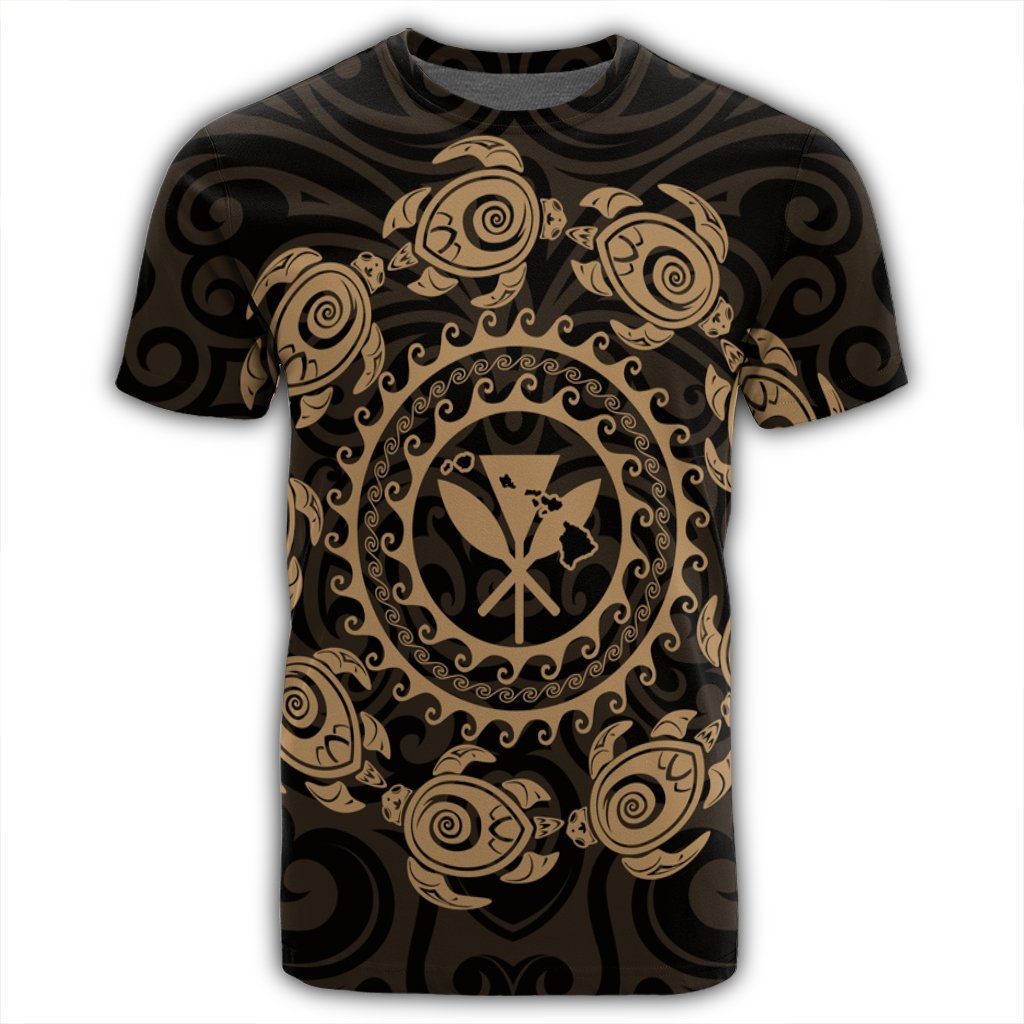 Hawaiian Map Kanaka Turtles Circle Style Gold Polynesian T Shirt - Polynesian Pride