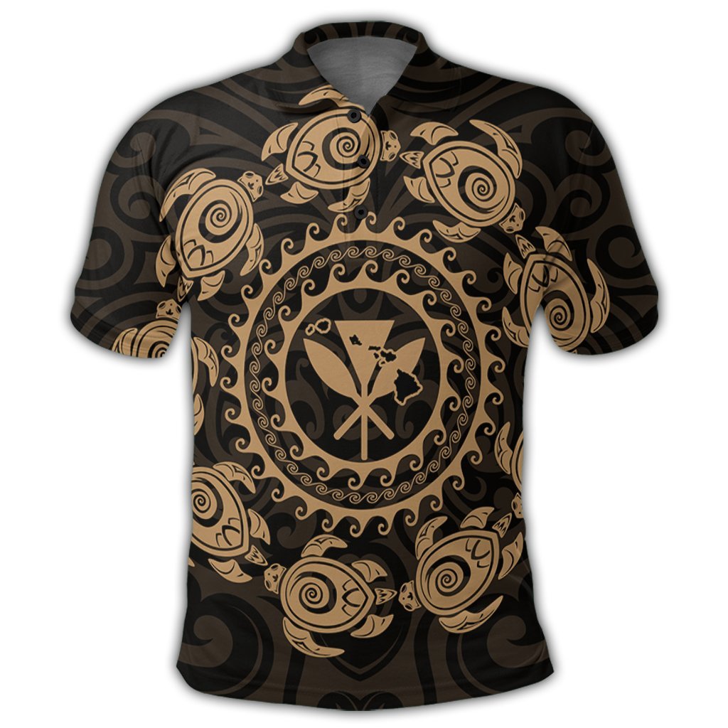 Hawaiian Map Kanaka Turtles Circle Style Gold Polynesian Polo Shirt - Polynesian Pride