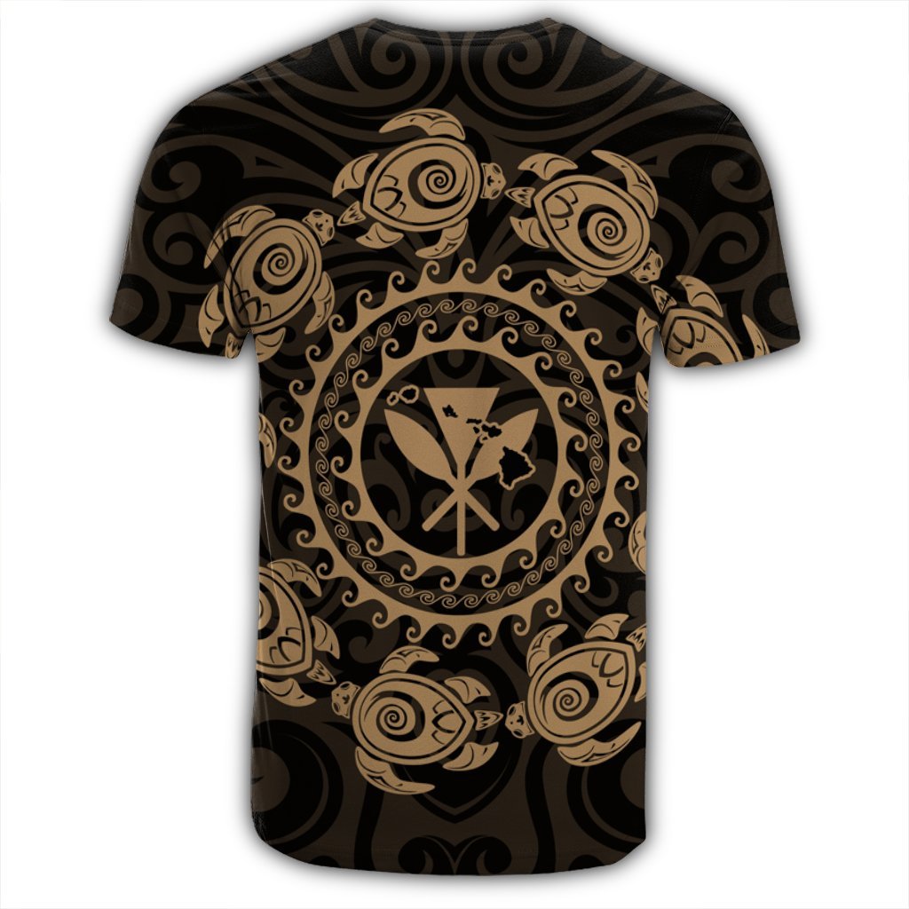 Hawaiian Map Kanaka Turtles Circle Style Gold Polynesian T Shirt - Polynesian Pride