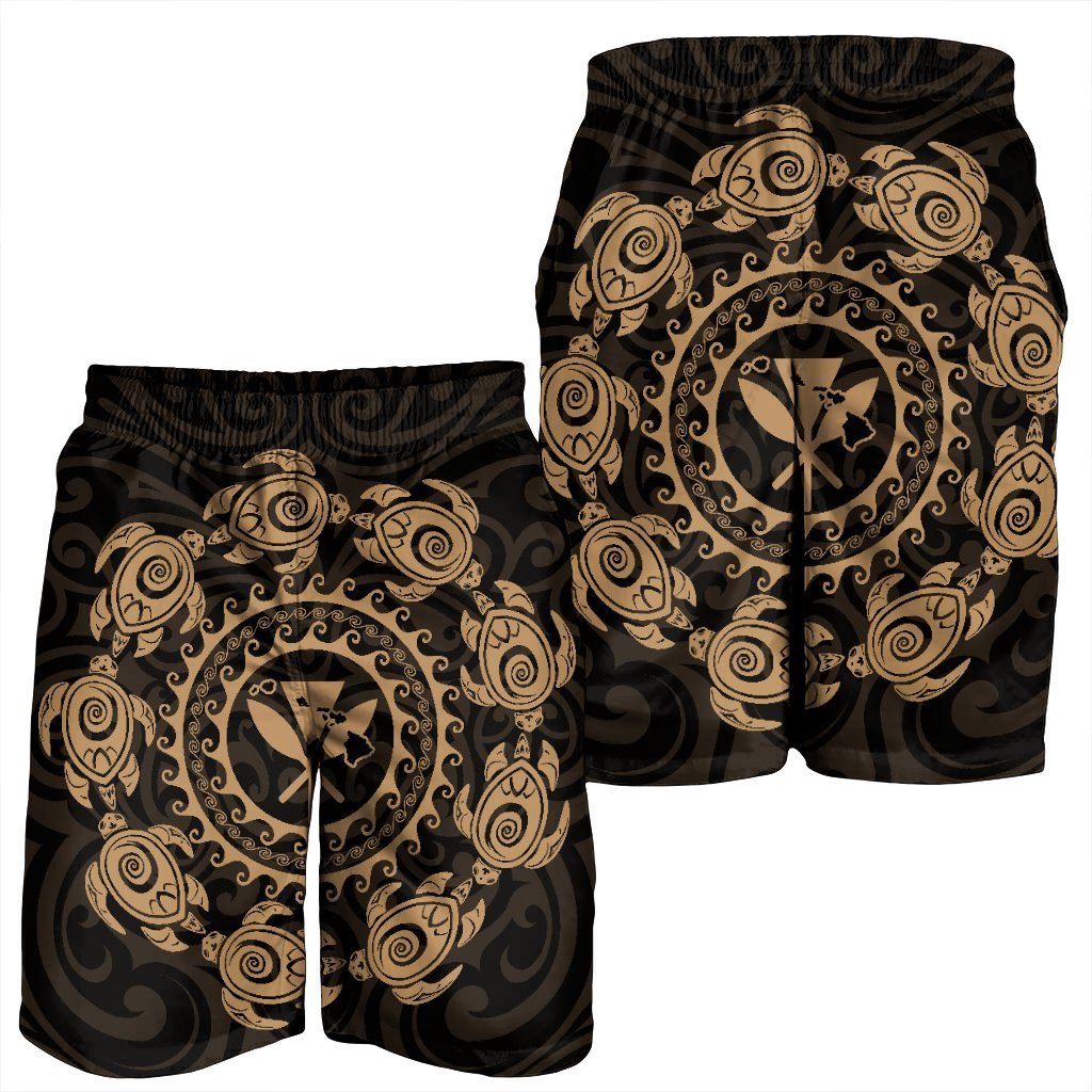 Hawaiian Map Kanaka Turtles Circle Style Gold Polynesian Men's Shorts - AH - Polynesian Pride