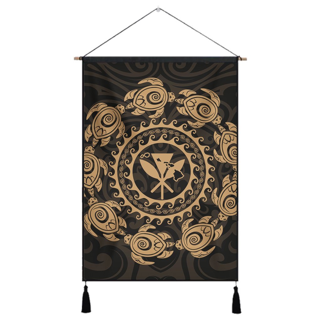 Hawaiian Map Kanaka Turtles Circle Style Gold Polynesian Hanging Poster - AH Hanging Poster Cotton And Linen - Polynesian Pride