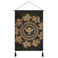 Hawaiian Map Kanaka Turtles Circle Style Gold Polynesian Hanging Poster - AH Hanging Poster Cotton And Linen - Polynesian Pride