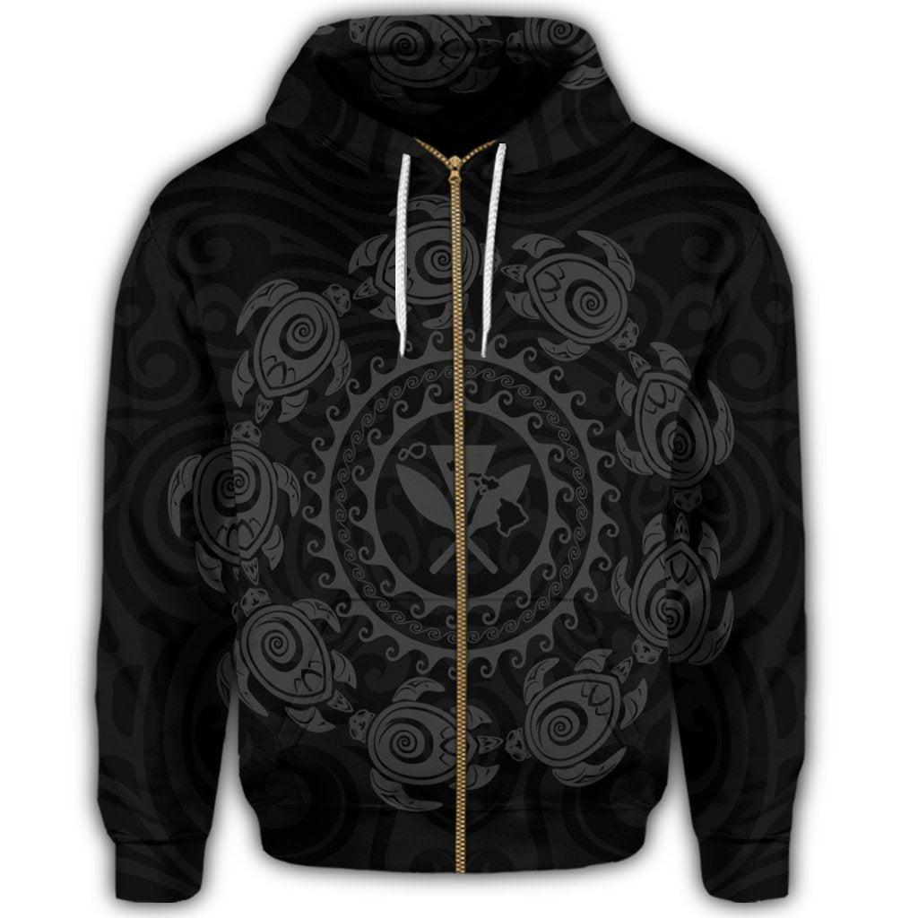 Hawaiian Map Kanaka Turtles Circle Style Gray Polynesian Zip Hoodie - Polynesian Pride