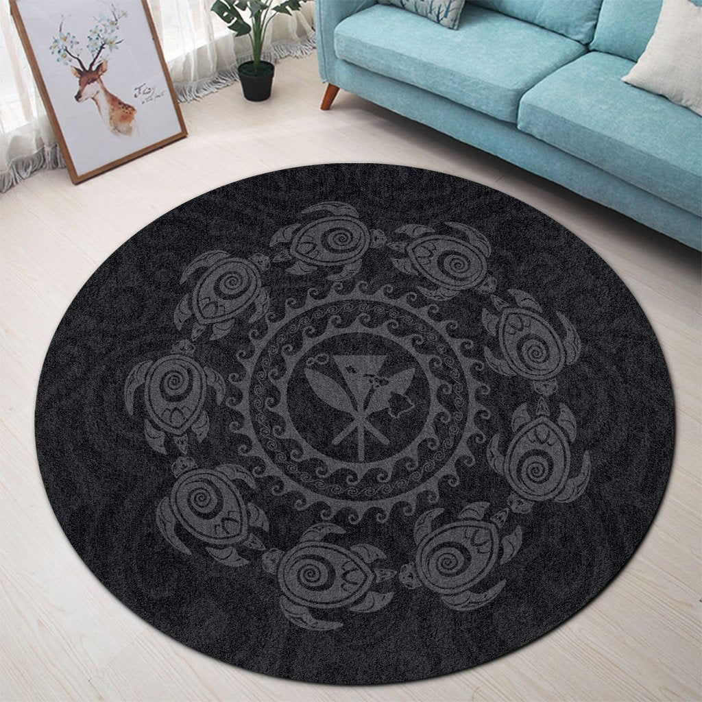 Hawaiian Map Kanaka Turtles Circle Style Gray Polynesian Round Carpet - AH - Polynesian Pride