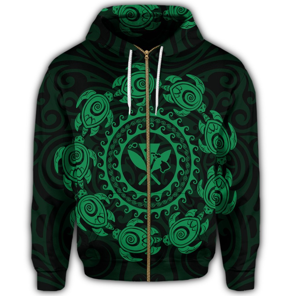 Hawaiian Map Kanaka Turtles Circle Style Green Polynesian Zip Hoodie - Polynesian Pride