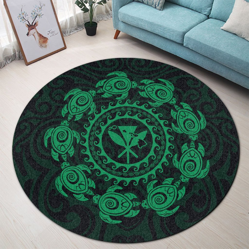 Hawaiian Map Kanaka Turtles Circle Style Green Polynesian Round Carpet - AH - Polynesian Pride