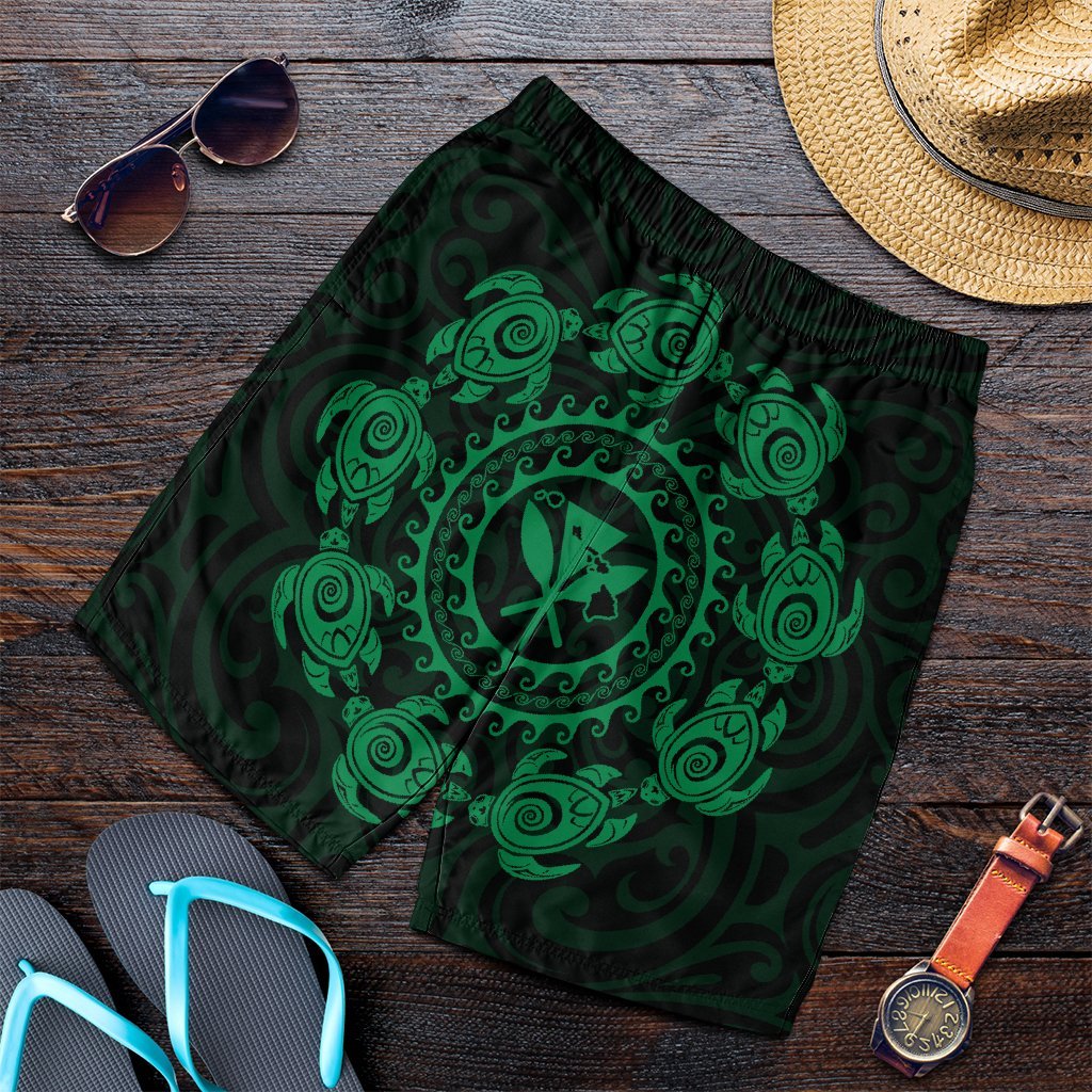 Hawaiian Map Kanaka Turtles Circle Style Green Polynesian Men's Shorts - AH Art - Polynesian Pride