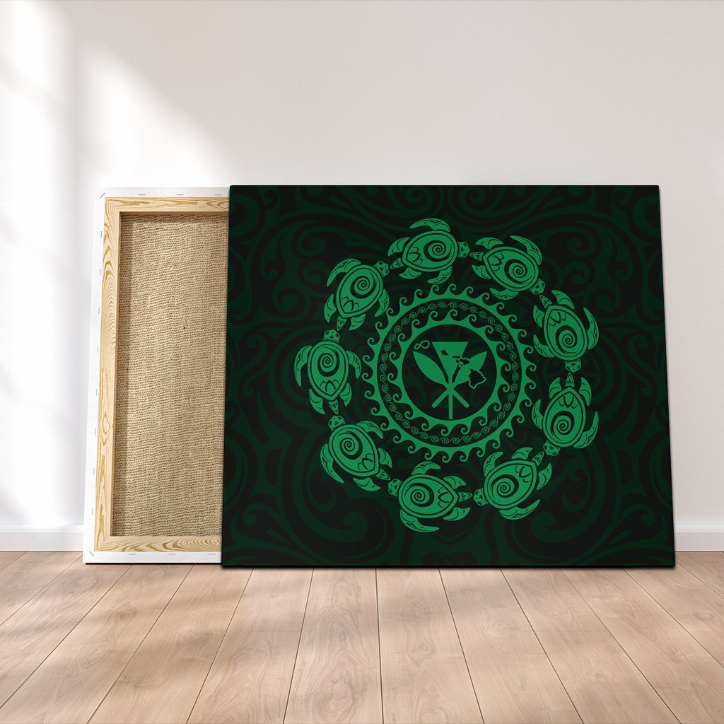 Hawaiian Map Kanaka Turtles Circle Style Green Polynesian Canvas - AH Canvas Poly-cotton - Polynesian Pride