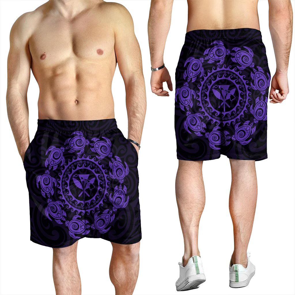 Hawaiian Map Kanaka Turtles Circle Style Purple Polynesian Men's Shorts - AH - Polynesian Pride