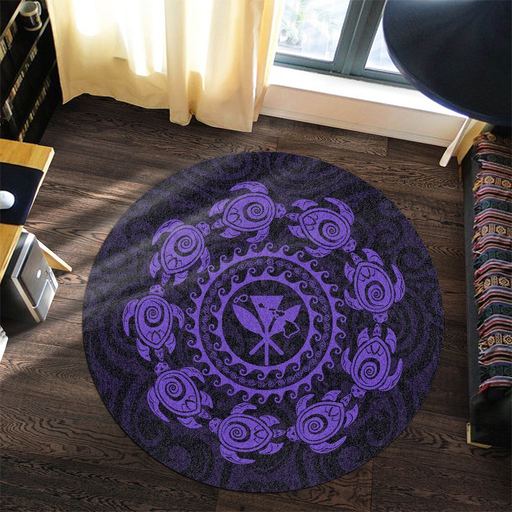 Hawaiian Map Kanaka Turtles Circle Style Purple Polynesian Round Carpet - AH - Polynesian Pride