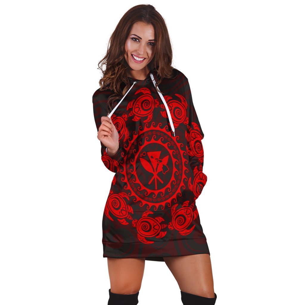 Hawaiian Map Kanaka Turtles Circle Style Red Polynesian Hoodie Dress - AH - Polynesian Pride