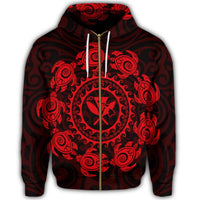 Hawaiian Map Kanaka Turtles Circle Style Red Polynesian Zip Hoodie - Polynesian Pride
