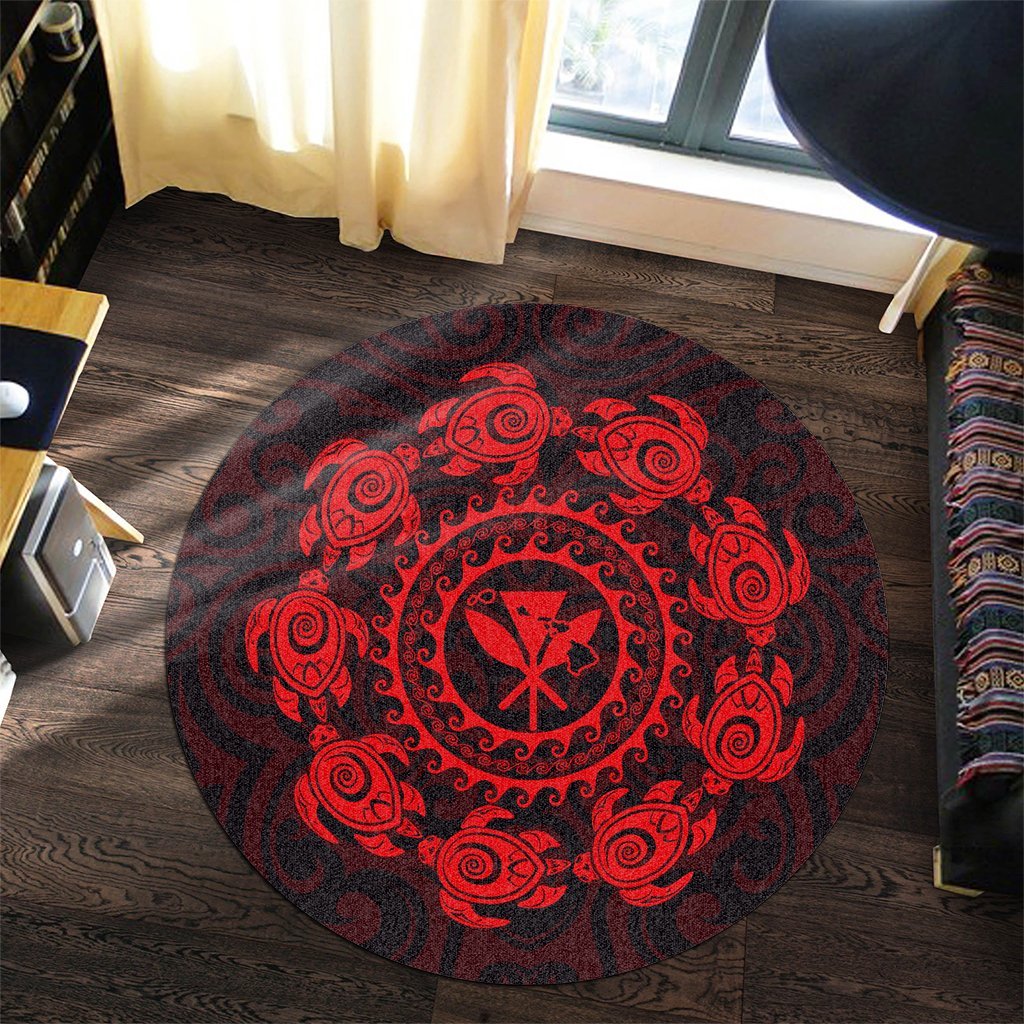 Hawaiian Map Kanaka Turtles Circle Style Red Polynesian Round Carpet - AH - Polynesian Pride