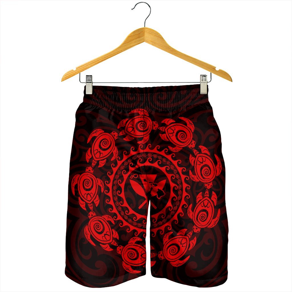 Hawaiian Map Kanaka Turtles Circle Style Red Polynesian Men's Shorts - AH - Polynesian Pride