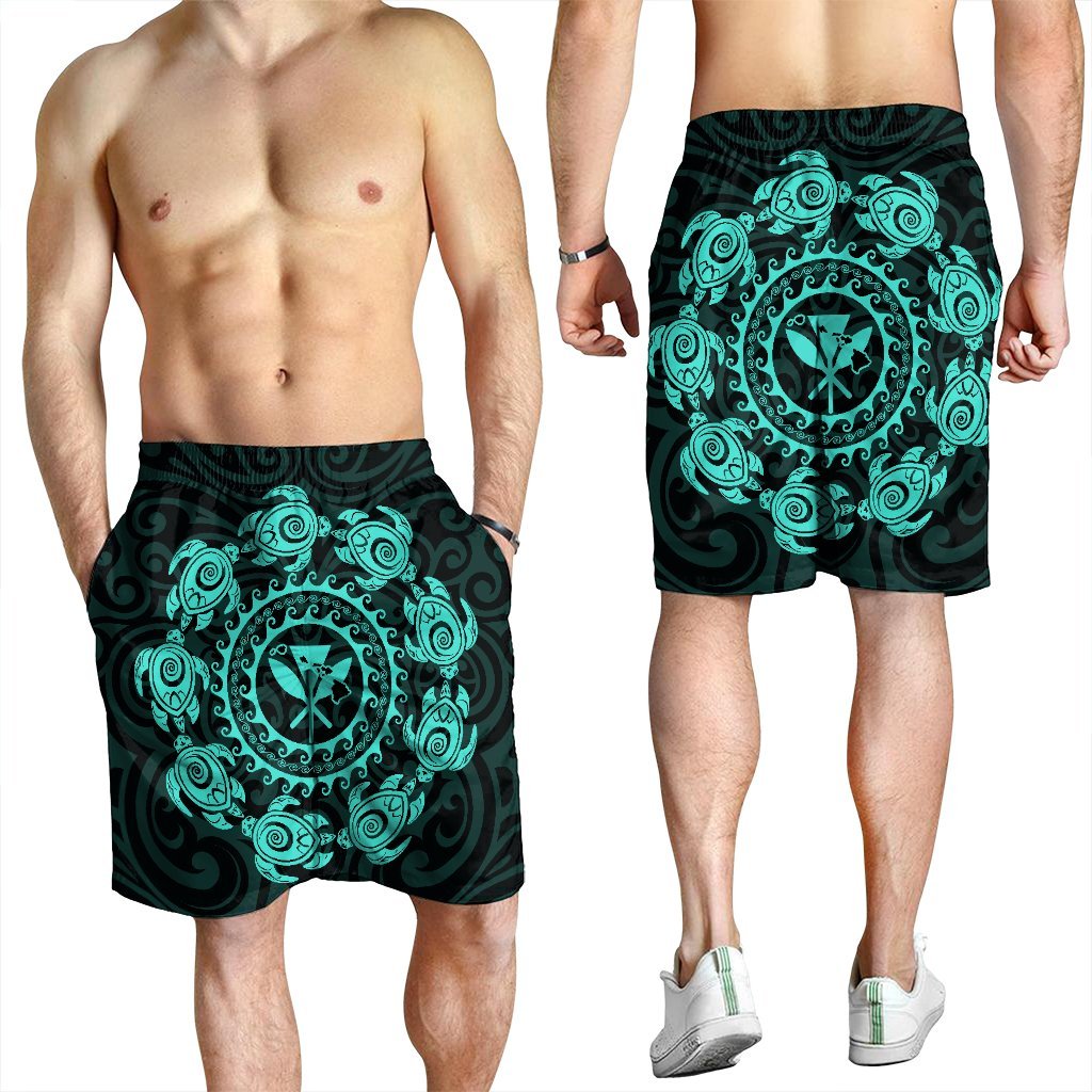 Hawaiian Map Kanaka Turtles Circle Style Turquoise Polynesian Men's Shorts - AH - Polynesian Pride