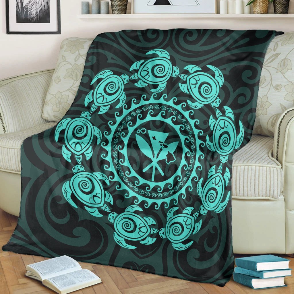 Hawaiian Map Kanaka Turtles Circle Style Turquoise Polynesian Premium Blankets - AH - Polynesian Pride