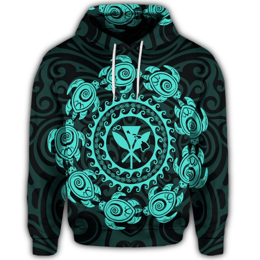 Hawaiian Map Kanaka Turtles Circle Style Turquoise Polynesian Hoodie - Polynesian Pride