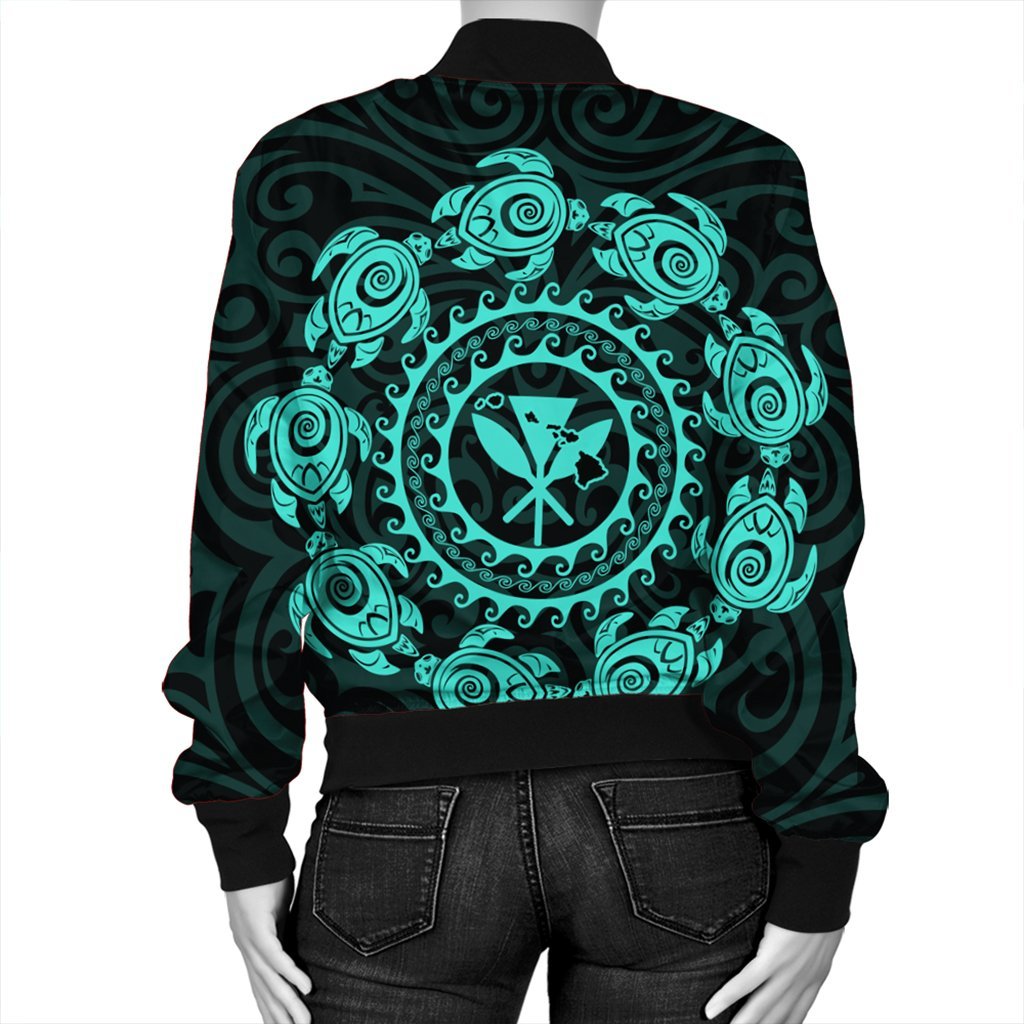 Hawaiian Map Kanaka Turtles Circle Style Turquoise Polynesian Bomber Jacket - AH - Polynesian Pride