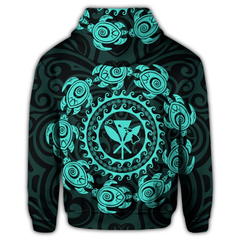 Hawaiian Map Kanaka Turtles Circle Style Turquoise Polynesian Hoodie - Polynesian Pride