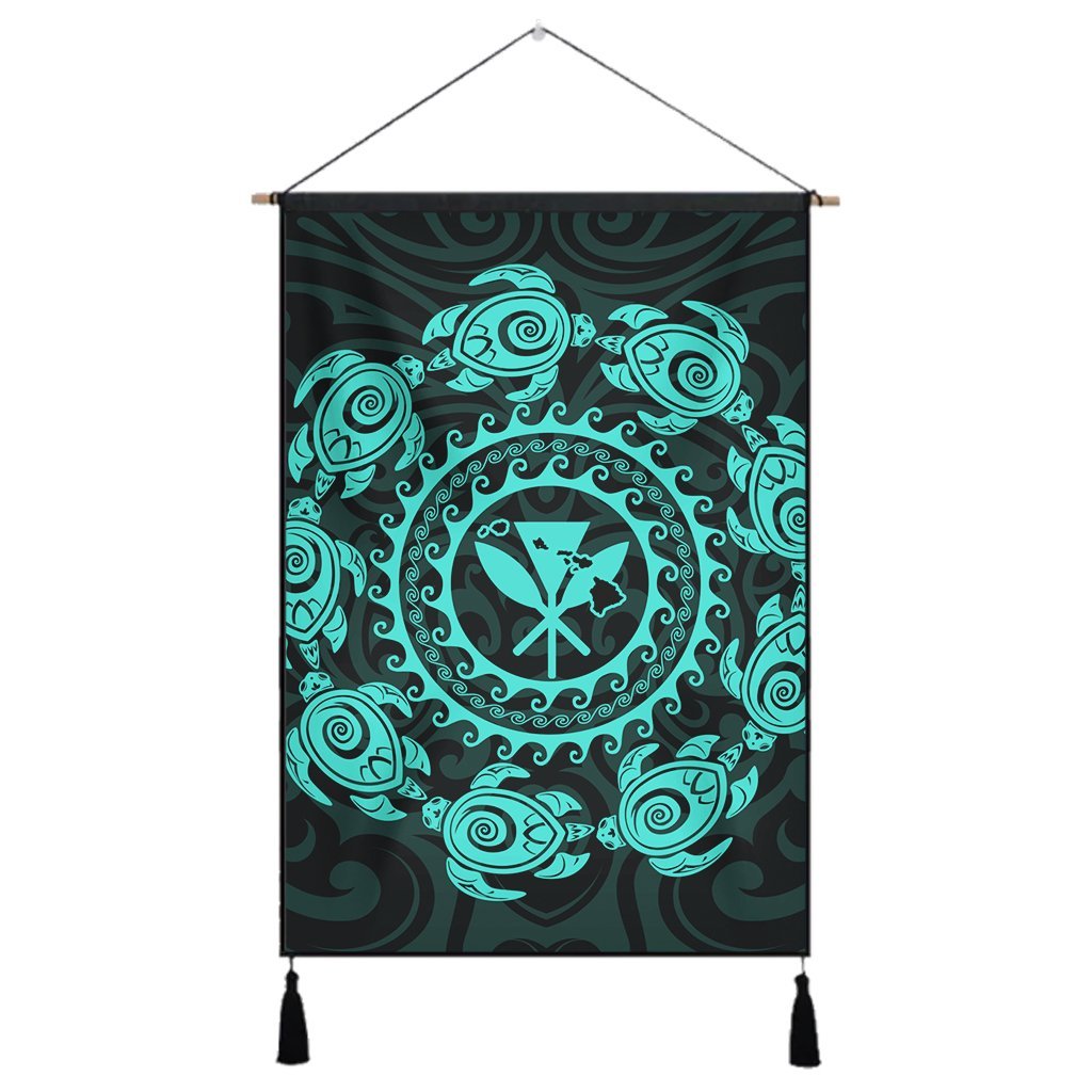 Hawaiian Map Kanaka Turtles Circle Style Turquoise Polynesian Hanging Poster - AH Hanging Poster Cotton And Linen - Polynesian Pride