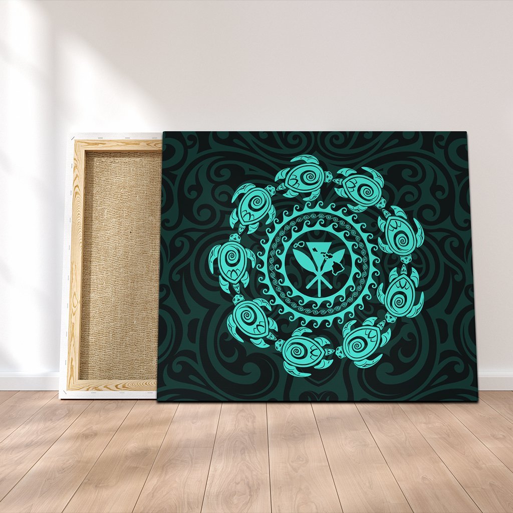Hawaiian Map Kanaka Turtles Circle Style Turquoise Polynesian Canvas - AH Canvas Poly-cotton - Polynesian Pride