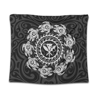 Hawaiian Map Kanaka Turtles Circle Style White Polynesian Tapestry - AH Wall Tapestry Black - Polynesian Pride