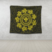Hawaiian Map Kanaka Turtles Circle Style Yellow Polynesian Tapestry - AH - Polynesian Pride