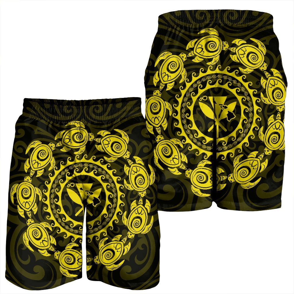 Hawaiian Map Kanaka Turtles Circle Style Yellow Polynesian Men's Shorts - AH - Polynesian Pride